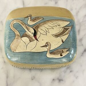 Vintage Swan Box Chinar Paper Mache Wood Hand Painted Mama Swan Babies Trinket